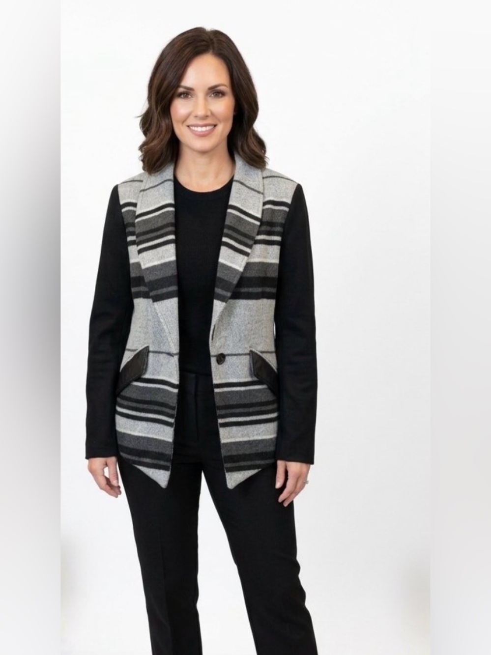 Karen Kane Black & Gray Striped Shawl Collar Jacket/Lambskin Leather pockets XL